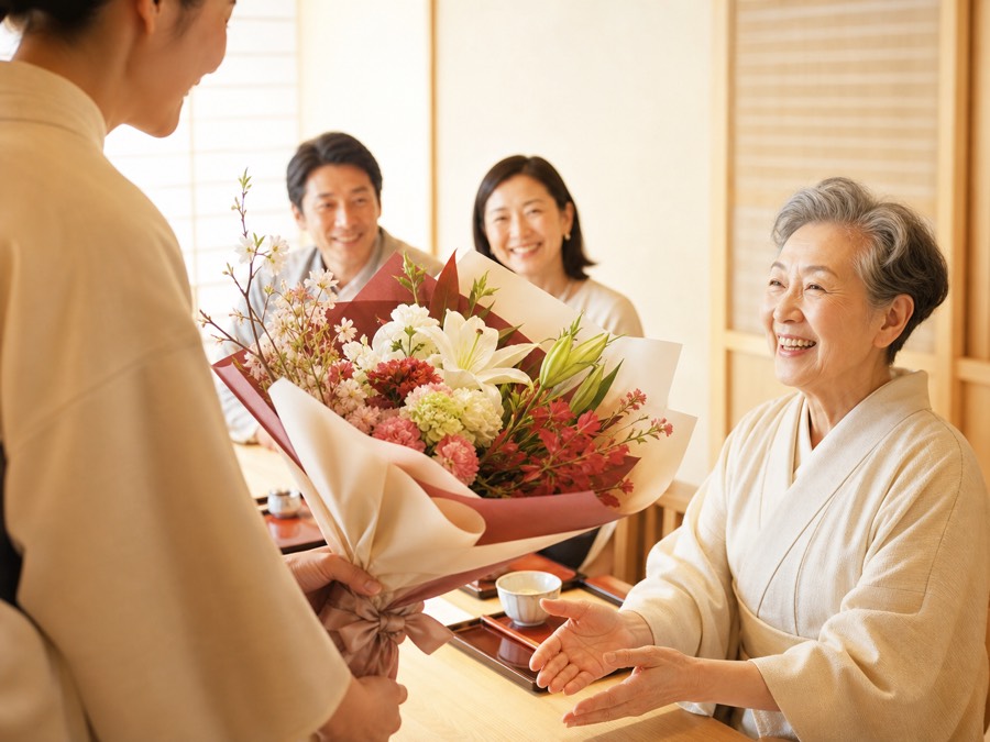 お祝いの花束を渡す様子
