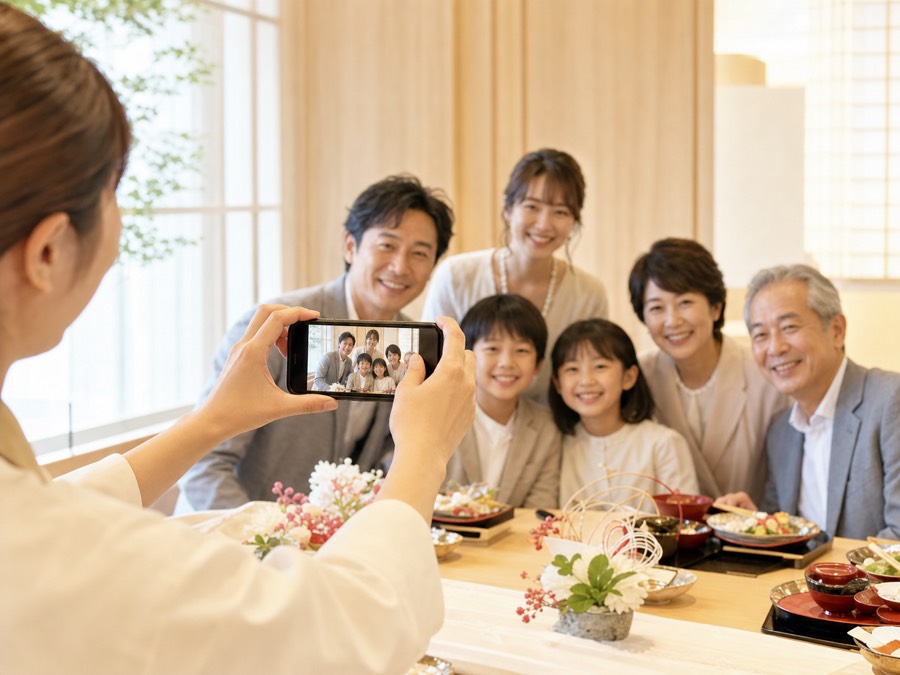 スタッフが集合写真の撮影を手伝う様子