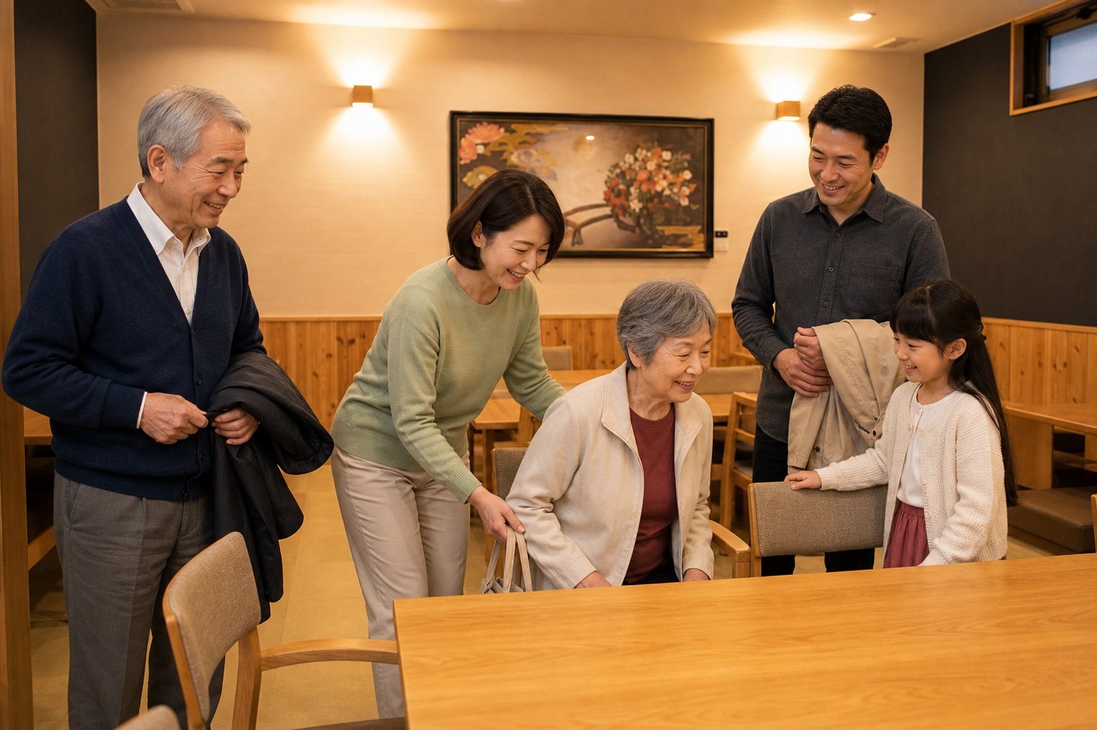 ご家族で来店し席に着く敬老の日の食事風景