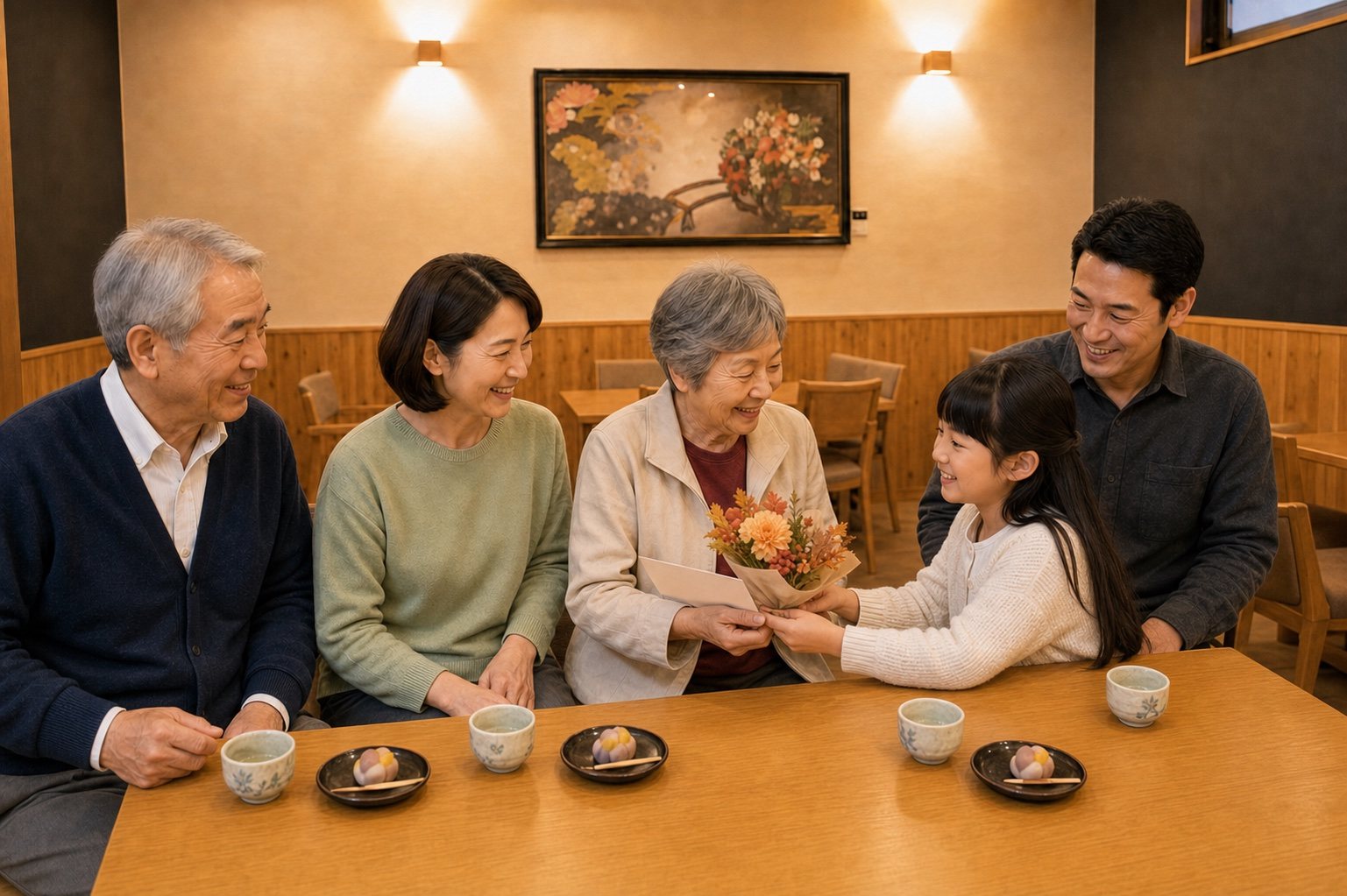 おばあさまへ花束とメッセージを渡すご家族