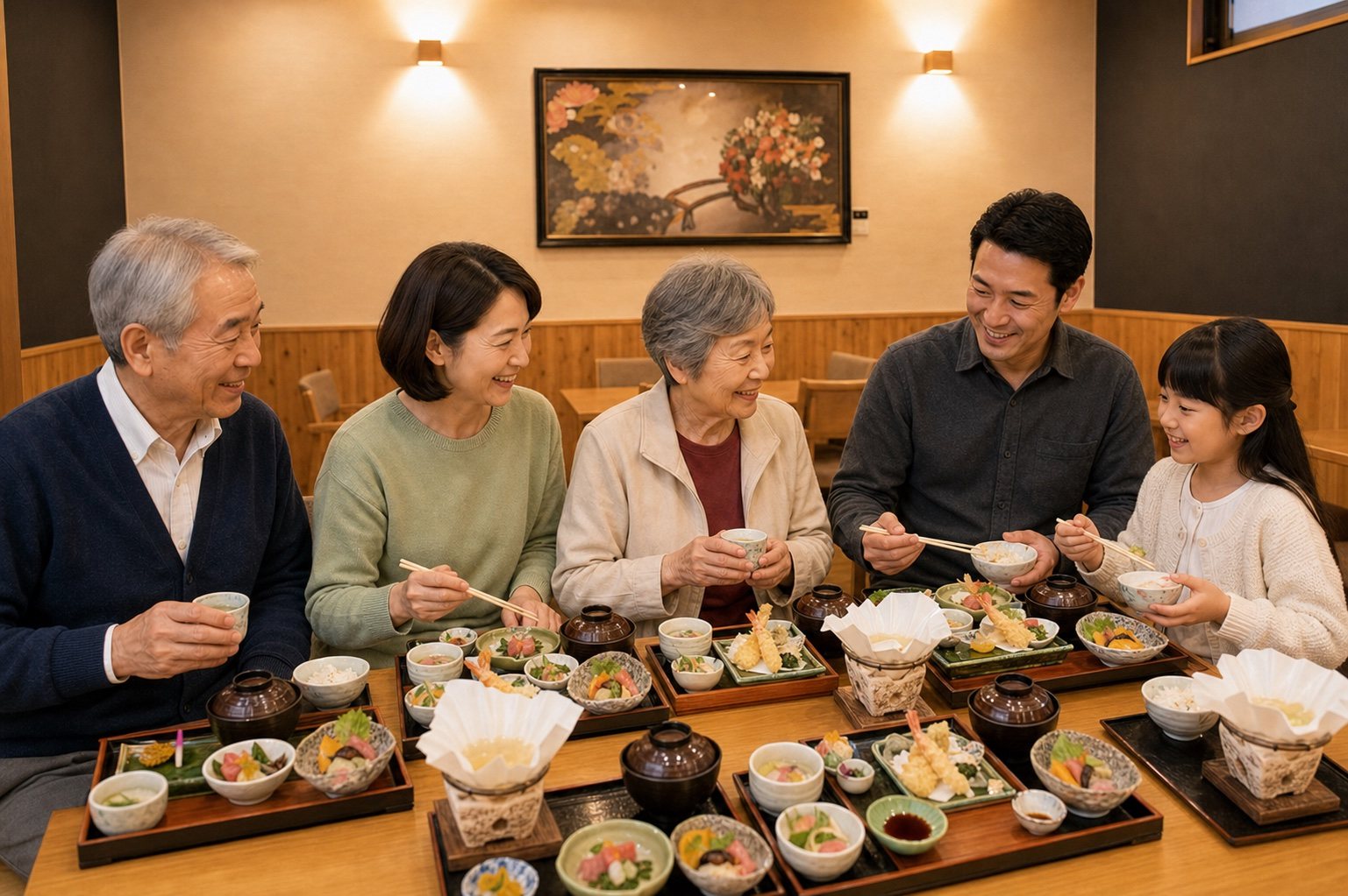 三世代のご家族で和食を囲む敬老の日の食事風景