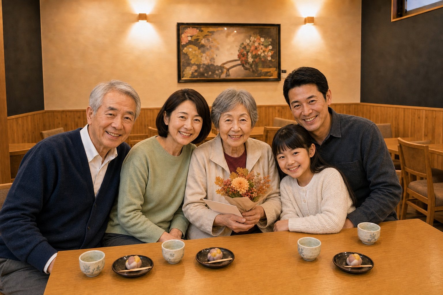 敬老の日のお祝いを記念するご家族の集合写真